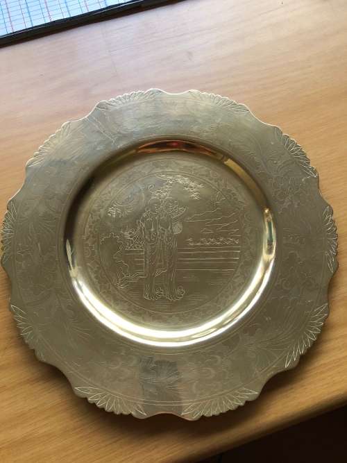 Solid brass decorative plate engraved with Japanese scene